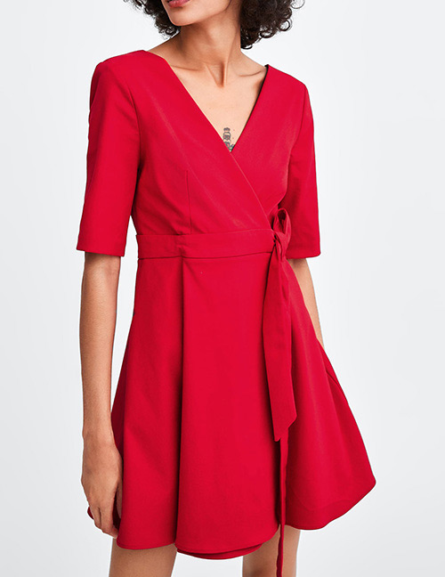 Fashion Red V Neckline Design Pure Color Dress