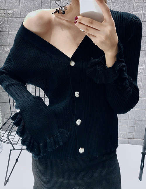 Fashion Black V Necklline Design Pure Color Sweater