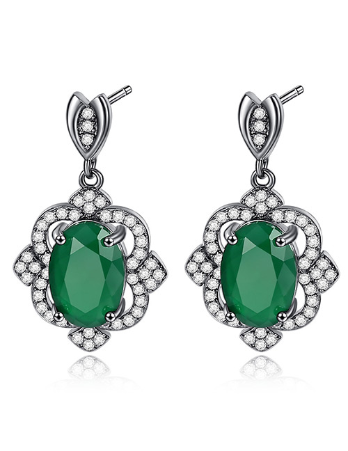 Fashion Black+green Oval Shape Decorated Earrings