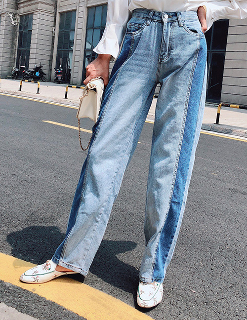 Trendy Blue Color Matching Design Long Pants