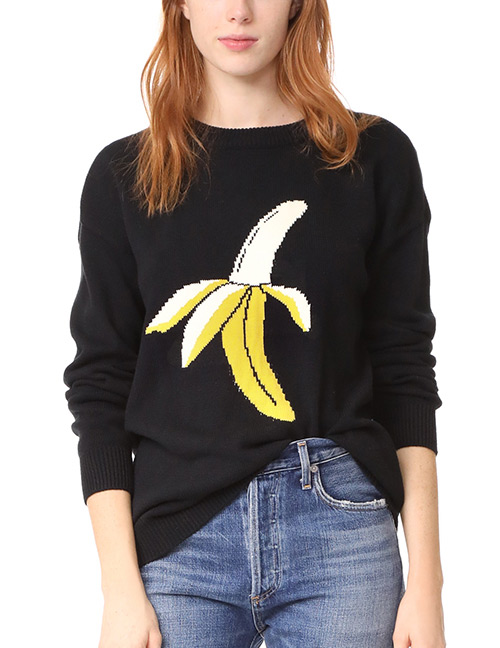 Elegant Black Bananas Pattern Decorated Sweater