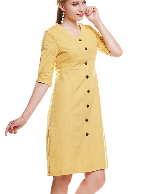 Elegant Yellow V Neckline Design Pure Color Dress