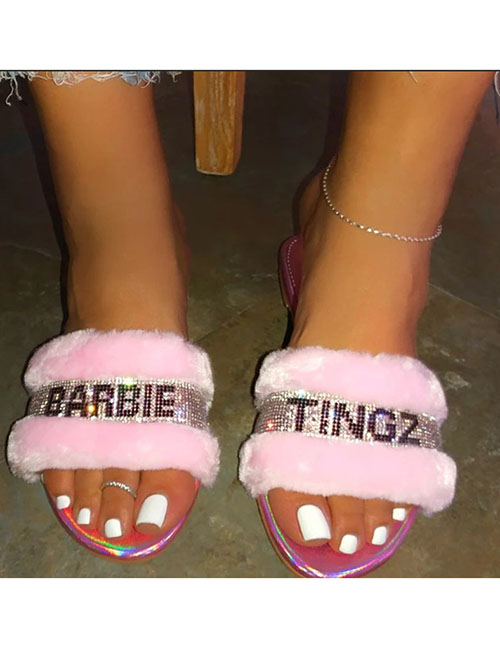 Fashion Pink Flat Rhinestone Slippers With Letters And Rhinestones ...