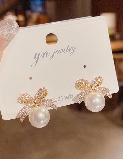 Fashion 2# Alloy Diamond Bow Pearl Stud Earrings