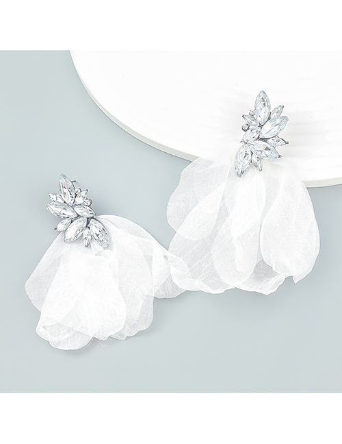 Fashion White Alloy Diamond Lace Fabric Floral Stud Earrings