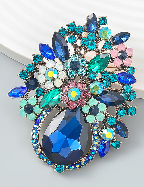 Fashion Blue Alloy Diamond Floral Brooch