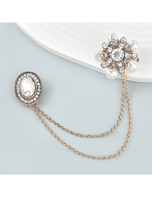 Fashion White Alloy Diamond Geometric Floral Chain Double Brooch
