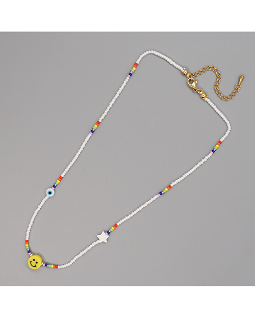 Fashion White Rainbow Rice Beads Beaded Pentagram Smiley Necklace