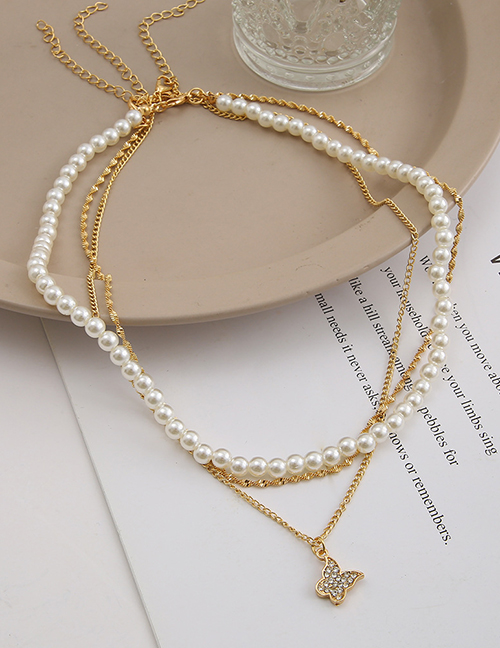 Fashion Gold Geometric Crystal Butterfly Pearl Beaded Multilayer Necklace