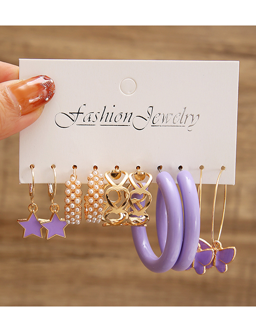 Fashion Purple Alloy Drop Oil Star Butterfly Love Pearl Earring Set