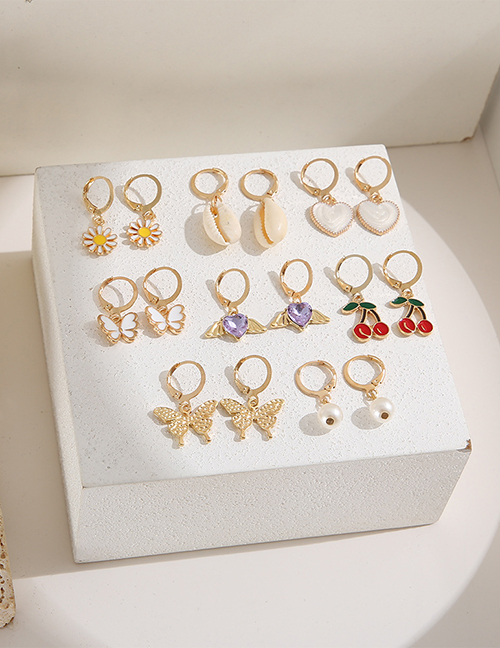 Fashion Gold Alloy Diamond Butterfly Love Daisy Shell Earring Set