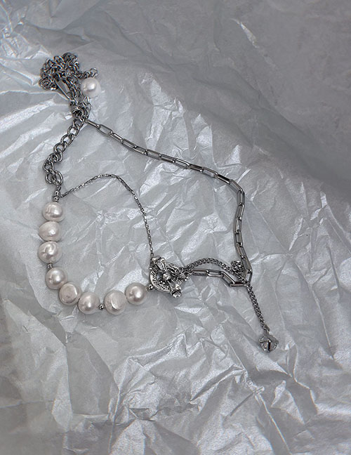 Fashion Silver Alloy Pearl Beaded Chain Necklace