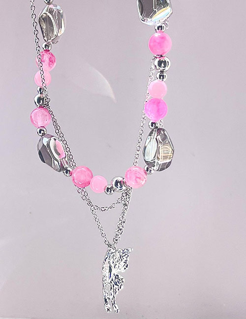 Fashion Pink Alloy Pink Tourmaline Beaded Butterfly Double Necklace