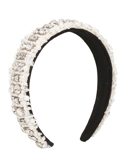 Fashion White Broad-rim Diamond-studded Pearl Headband