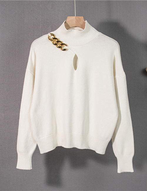 Fashion White Chain Knit Hollow Half Turtleneck Sweater
