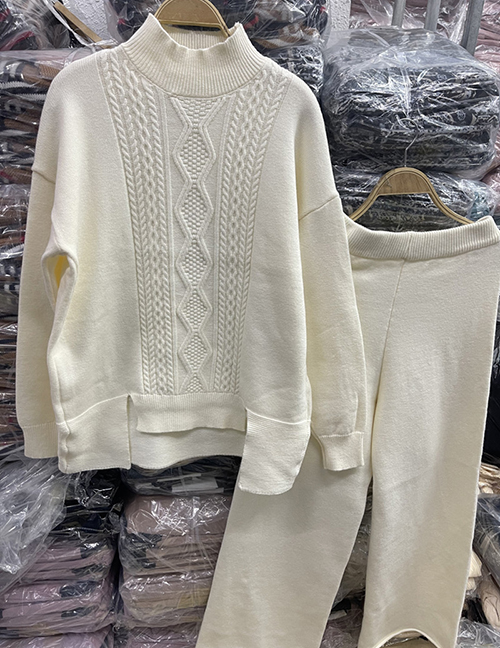 Fashion White Jacquard Knitted Half Turtleneck Sweater Wide-leg Trousers