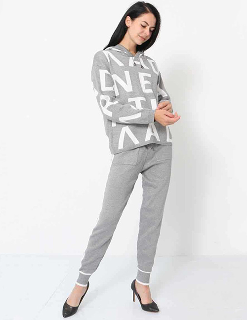 Fashion Grey Cotton Letter Print Hooded Sweatshirt And Foot Guard Pants Suit