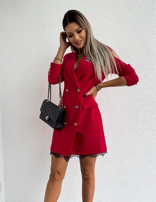 Fashion Red Double-breasted Lace Suit Dress
