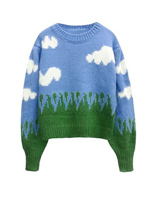 Fashion Blue Blue Sky And White Cloud Print Pullover Sweater