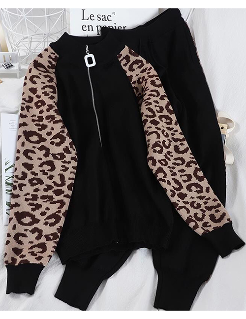 Fashion Black Leopard Print Long-sleeved Round Neck Top And Trousers Suit