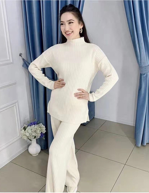 Fashion White Half High Neck Knitted Top And Trousers Suit