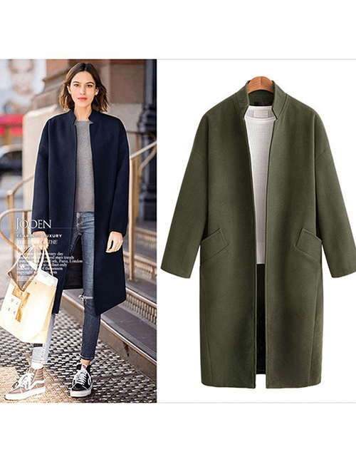 Fashion Armygreen Woolen Coat With Stand-up Collar