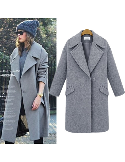 Fashion Grey Woolen Coat With Lapel Single Button Pocket