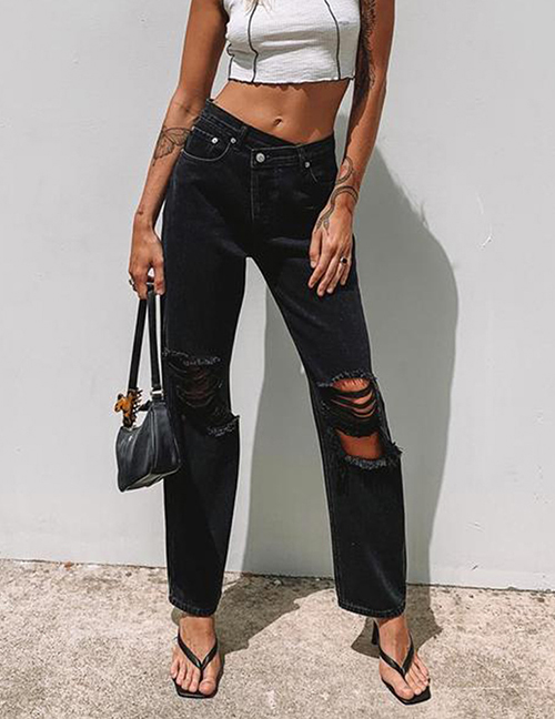 Fashion 8020-black High-waisted Irregular Denim Trousers