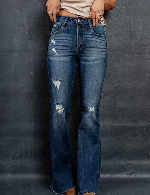 Fashion Dark Blue High-rise Ripped Flared Jeans