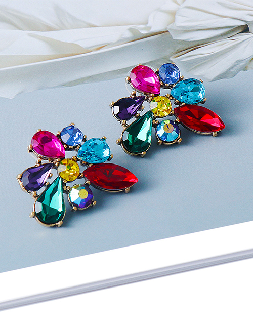 Fashion Color Metallic Fancy Diamond Geometric Stud Earrings
