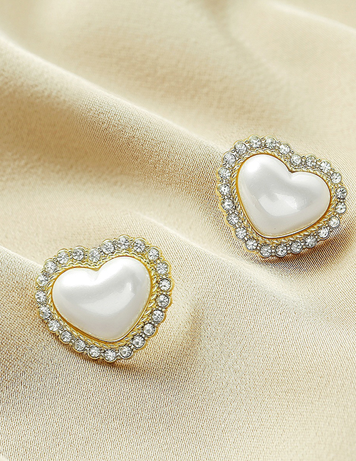 Fashion Gold Color Alloy Diamond Pearl Love Stud Earrings
