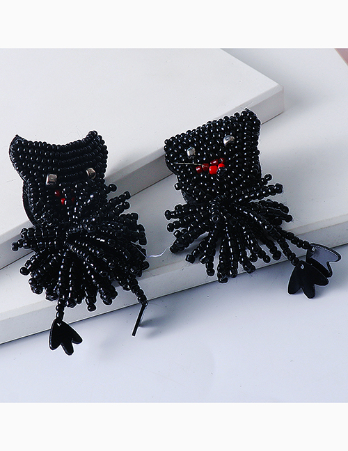 Fashion Black Rice Bead Woven Cat Stud Earrings