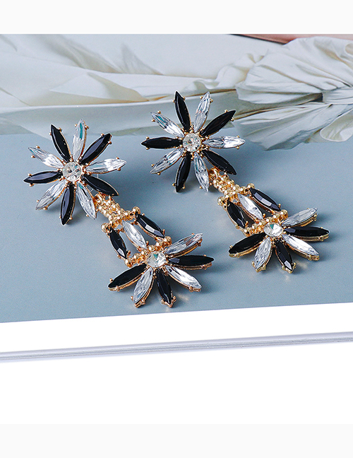 Fashion Black Alloy Diamond Geometric Flower Earrings