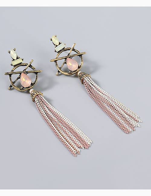 Fashion Pink Alloy Diamond Geometric Tassel Earrings
