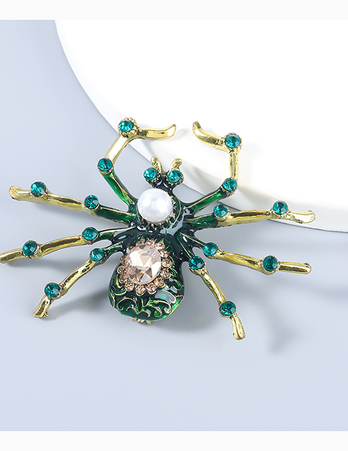 Fashion Green Alloy Diamond Halloween Pearl Spider Brooch