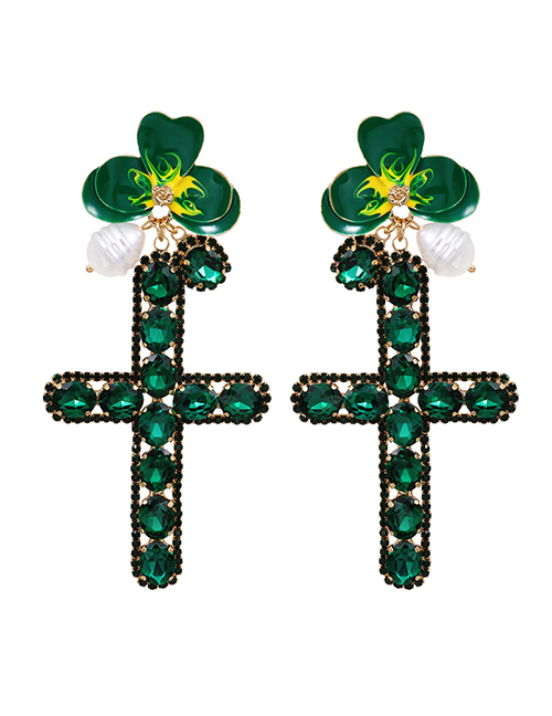 Fashion Dark Green Alloy Diamond Pearl Cross Flower Stud Earrings