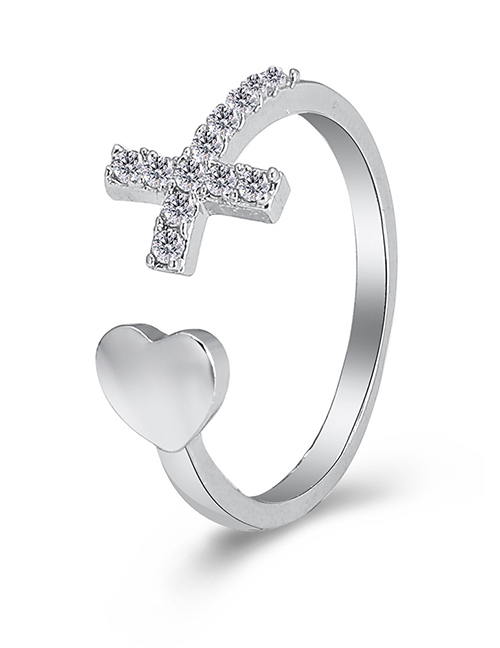 Fashion Silver Diamond Cross Peach Heart Open Ring