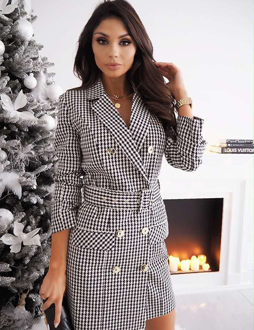 Fashion Black And White Chidori Double-breasted Suit Dress With Plaid Belt