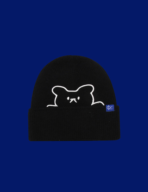 Fashion Black Embroidered Bear Knit Hat
