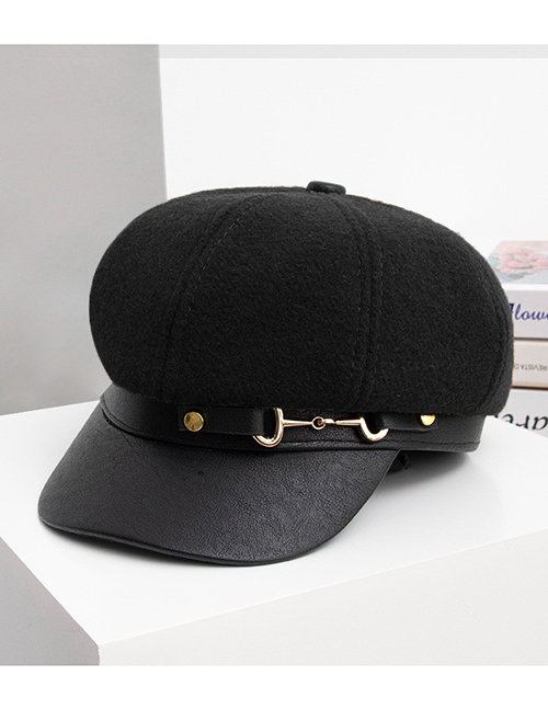 Fashion Black Leather Buckle Octagonal Hat Leather Buckle Octagonal Beret