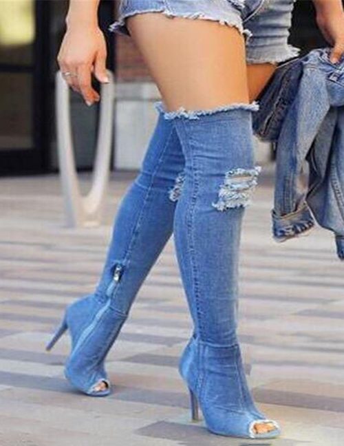 Fashion Light Blue Over-the-knee Stiletto High-top Cowboy Boots ...