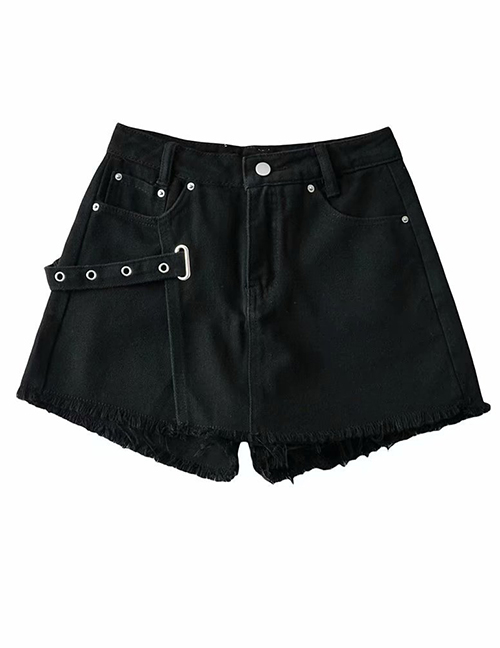 Fashion Black Washed High-waisted Frayed Denim Shorts:Asujewelry.com