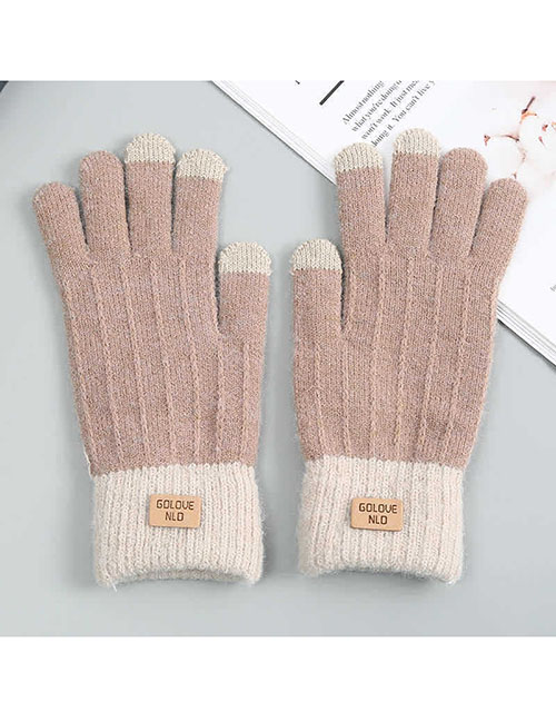 Fashion Khaki+beige Cashmere Knit Five Finger Gloves