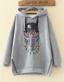 Fashion Gray Owl Pattern Decorated Hoodie
