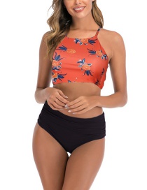 Fashion Orange Lace-up High-waist Contrast Color Printed Split Swimsuit