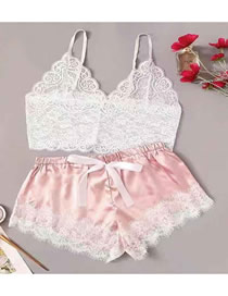 Fashion Light Pink Lace Transparent Stitching Bow Two-piece Home Pajamas