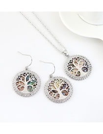 Fashion Platinum Real Gold Plated Lucky Tree Hollow Geometric Round Earring Necklace Set