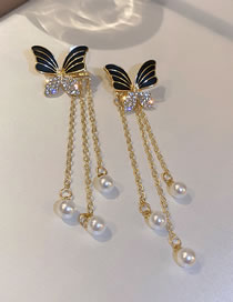 Fashion Gold Color Alloy Diamond Butterfly Pearl Tassel Earrings