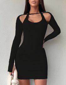 Fashion Black Polyester Hollow Halter Long Sleeve Hip Pack Dress