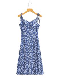 Fashion Blue Printed Lace-up Slip Dress